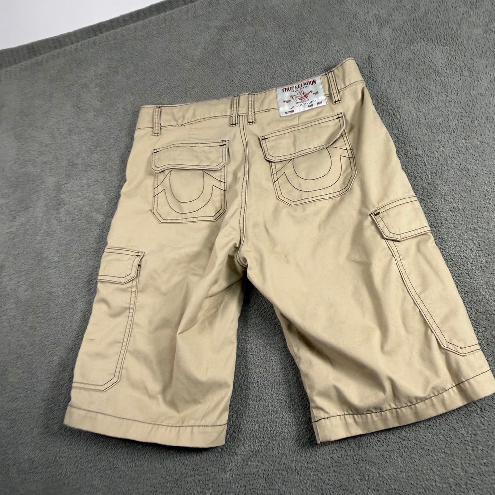 True Religion Mens Tan Khaki Cargo Shorts Contrast Stitch Horseshoe Pockets 30